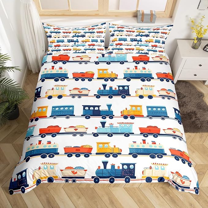 Cartoon Train Duvet Cover Queen Size Transport Vehicles Comforter Cover for Teens Adults Kids Colorful Cars Bedding Set Vintage Train Tracks Breathable 3 Pieces Decorative Bed Cover(No Comforter)