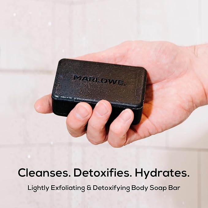 MARLOWE. No. 106 Charcoal Soap 7 oz, Body Bar Soap for Men, Cleansing, Purifying & Hydrating with Natural Extracts, Shea Butter, Olive Oil & Green Tea Extracts, Fresh Woodsy Scent