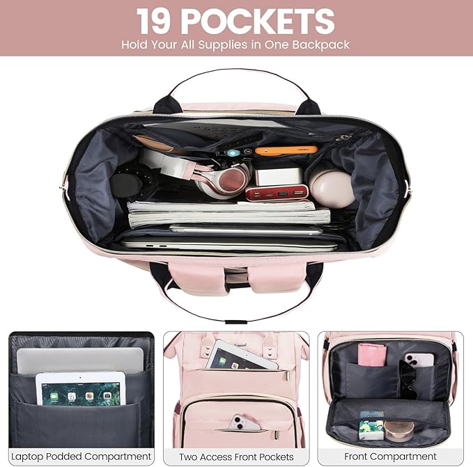 LOVEVOOK Laptop Backpack for Women,18 Inch Professional Womens Travel Backpack Purse Computer Laptop Bag Nurse Teacher Backpack,Waterproof College Work Bags Carry on Back Pack with USB Port, Pink