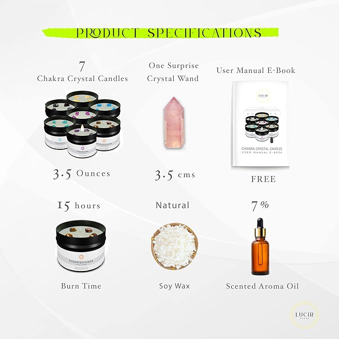 Healing Chakra Scented Candles Set with Surprise Wand | 7 Scented Candles with Chakra Crystals, Wand | E-Book Included