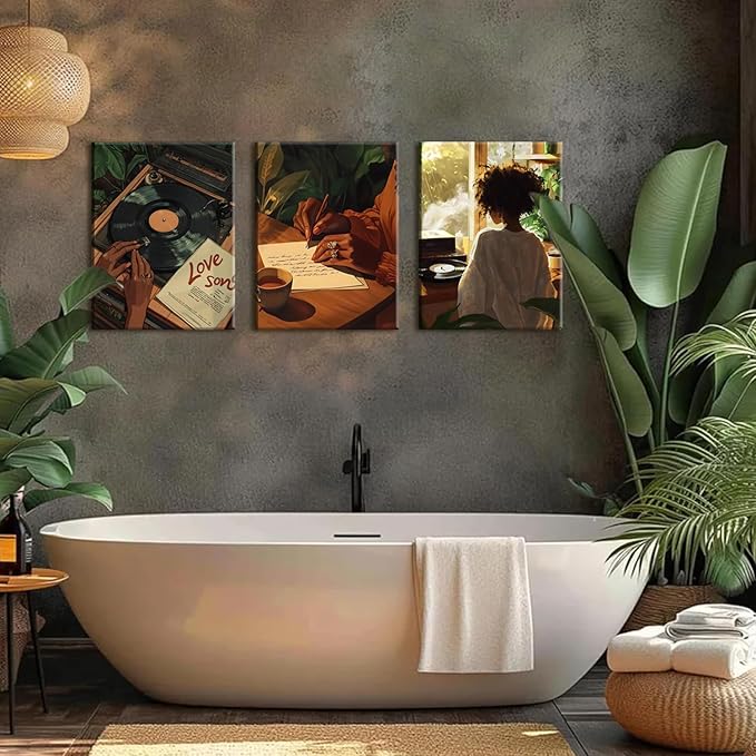 Black Woman Wall Art Set of 3 Fashion Black Girl Wall Decor, Trendy African American Women Music Poster Song Lover Canvas Prints Artwork for Bedroom Living Room 16x24 inch Framed