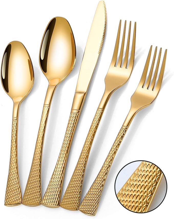 Hammered Gold Silverware Set,20 Piece Modern Flatware Set Service for 4,Mirror Polished Stainless Steel Cutlery Set Utensil Set Tableware Set,Kitchen Knives Forks Spoons Set,Dishwasher Safe