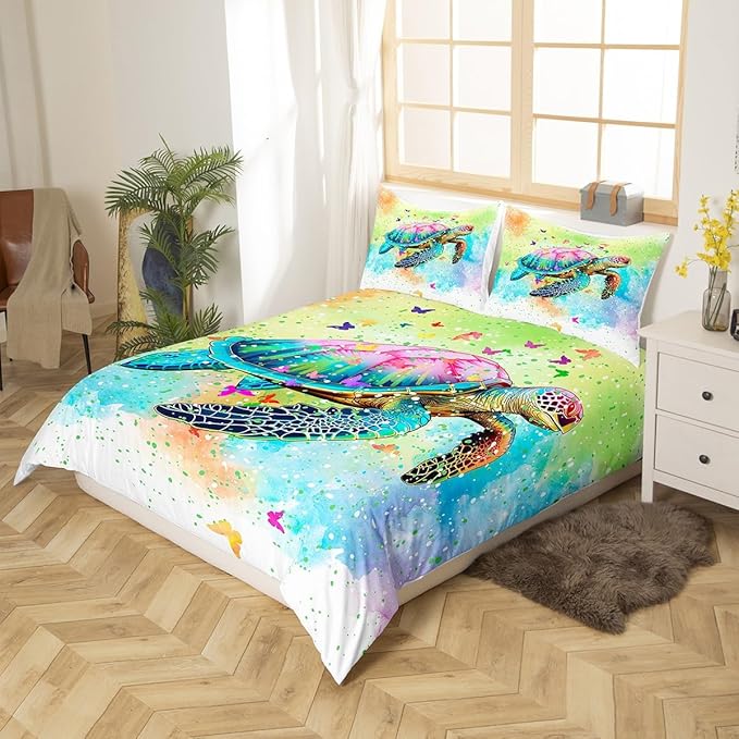 Sea Turtle Duvet Cover Set King Size,Watercolor Tortoise Butterfly Comforter Cover with 2 Pillowcases,Girly Dreaming Style Bedding Set for Adult Young Bedroom Xman Gift