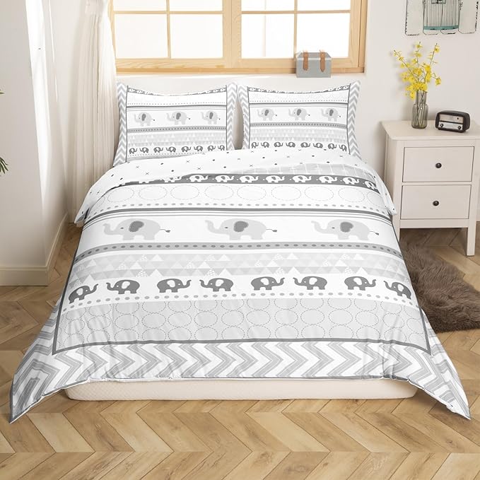Kids Gray Elephant Duvet Cover Twin Size,Cartoon Cute Animals Print Comforter Cover Set for Kids Boys Girls,Geometric Grid Stripes Arrow Circle Bedding Quilt Cover Set Bedroom Decor, 2 Pieces
