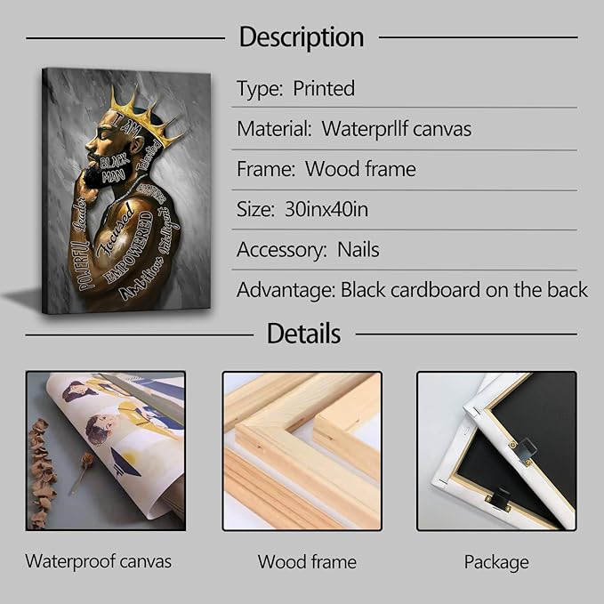 Framed African American Wall Art Man Portrait Wall Art Inspirational Black Man Motivational Quotes Afro King Poster Abstract Canvas Prints Painting Home Decor for Bedroom Living Room Ready to Hang