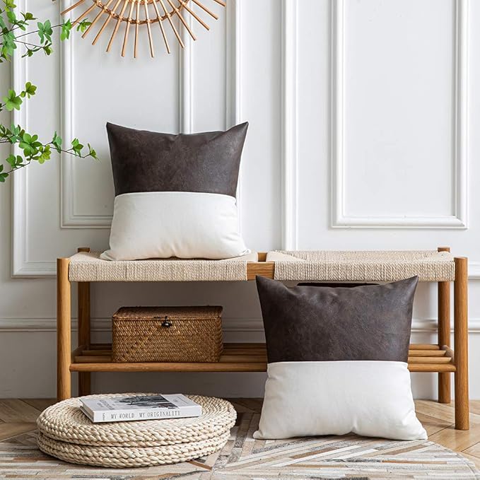 DEZENE Leather Throw Pillow Covers, Set of 2 Modern Leather/Cotton Decorative Pillowcases for Home Decor Bedroom Living Room Couch Bed Sofa, 18x18 Inch, Dark-Brown and White