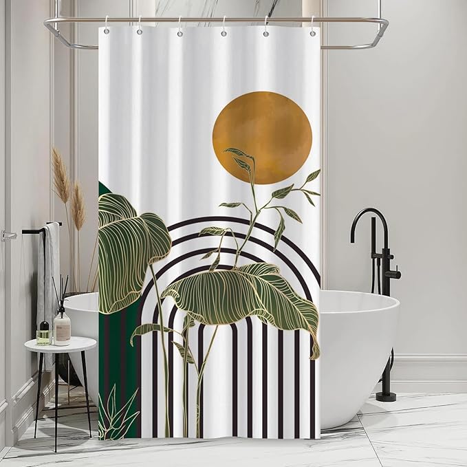 ChloropLastid Mid Century Boho Shower Curtain Minimalist Aesthetic Bath Curtain Dark Green Arch Curve Tropical Leaves Plants Geometric Art Bathroom Home Decor Fabric Waterproof Decor 36x72 inch