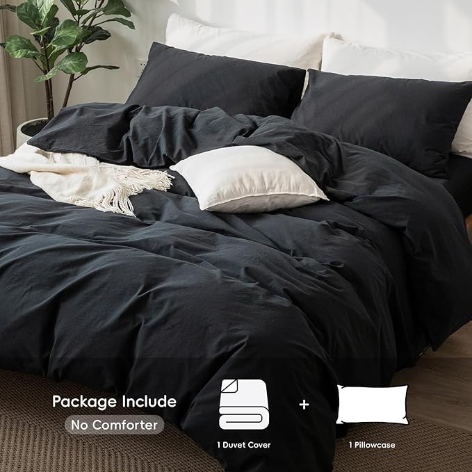 MooMee Bedding Duvet Cover Set 100% Washed Cotton Linen Like Textured Breathable Durable Soft Comfy (Solid Black, Twin 68"x90")