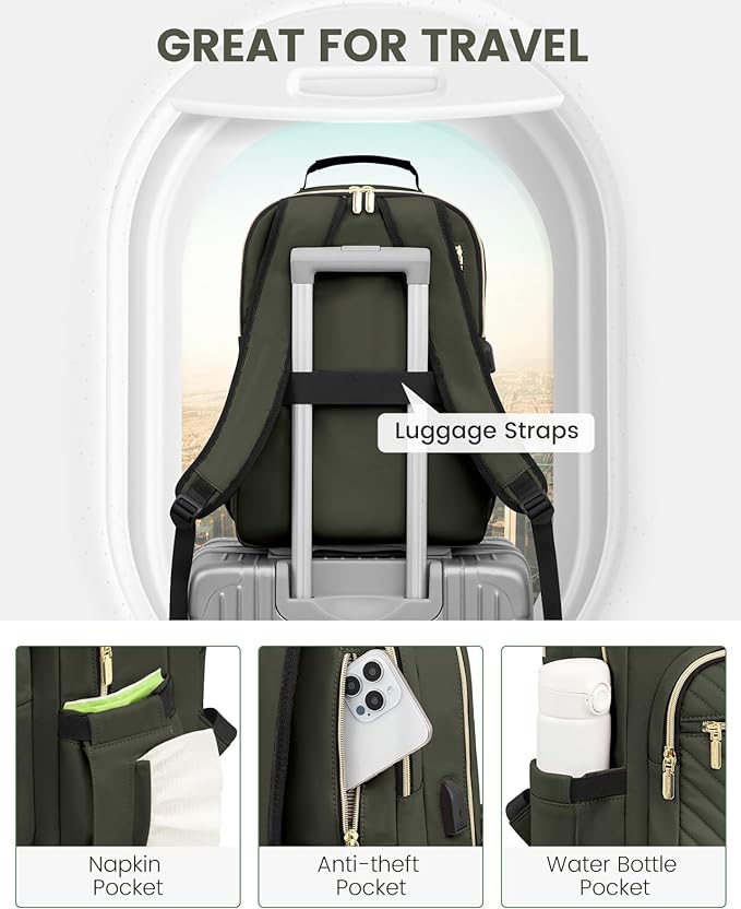 LOVEVOOK Laptop Backpack for Women, Travel Computer Work Bags with 17-inch Laptop Compartment, College School Student Bag Teen Backpacks For Girls, Outdoor Carry On Backpack Purse, Army Green