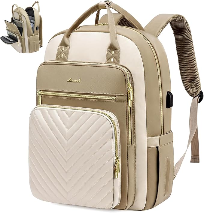 LOVEVOOK 15.6 Inch Laptop Backpack for Women,Large Capacity Work Backpack Purse for Women,Waterproof Travel Day Pack for Teacher Nurse,Khaki-Beige