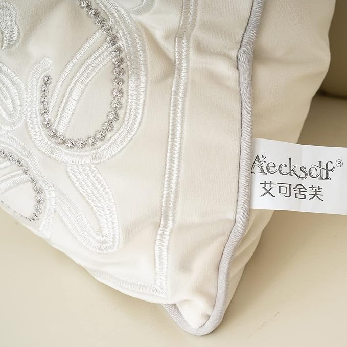 Aeckself European Floral Pillow Cover 16x16 Inch, Luxury Velvet Embroidered Decorative Throw Pillow Cover for Couch Bedroom Living Room, White Silver