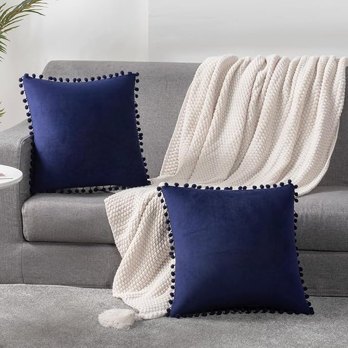 DEZENE Couch Pillow Cases 18x18 Navy: 2 Pack Cozy Soft Pom-poms Velvet Square Throw Pillow Covers for Farmhouse Home Decor