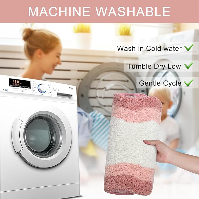 HAOCOO Pink Bathroom Rug Runner, 24x59 Inch Soft Non Slip Bath Rugs for Bathroom, Microfiber Absorbent Washable Irregular Shaped Rug Floor Mat for Bedroom Bathtub Tub Shower