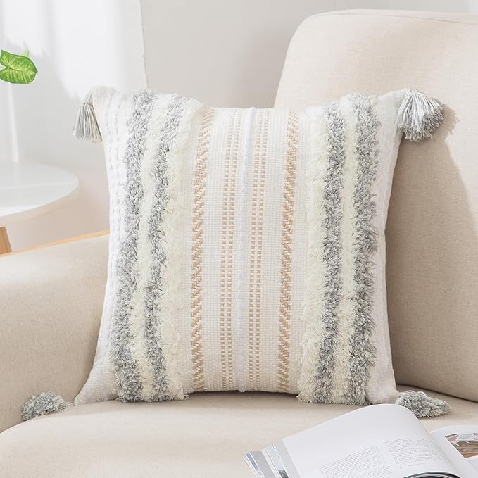 decorUhome Decorative Boho Throw Pillow Cover 18x18, Accent Neutral Textured Tufted Pillow Cover Striped for Couch Bed Sofa, Light Grey and Cream White, Pack of 1