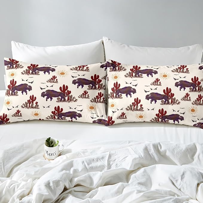 Feelyou Buffalo Ranch North American Bisons Duvet Cover Set Queen Size Western Bedding Sets Rustic Country Cabin Southwestern Animal Comforter Cover Set Kids Boys Brown Cream Farmhouse Quilt Cover
