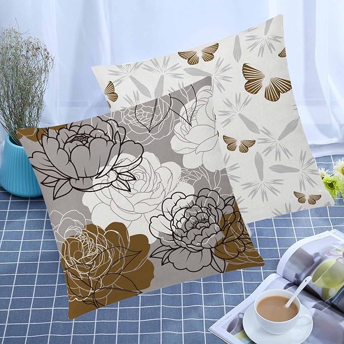 COMMINY Brown Grey Pillow Covers 18x18 Set of 6 Decorative Daisy Flower Throw Pillow Cover for Couch Modern Coffee Pillow Case for Patio Living Room Cushion Bed Farmhouse Home Decor