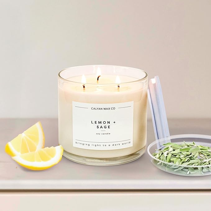 Calyan Wax Co. 3 Wick Candle, Lemon + Sage Scented Candle, 43 Hour Burn Time, 3 Wick Soy Candles, Non Toxic & Vegan Soy Wax, Glass Jar Scented Candles, 14.9oz