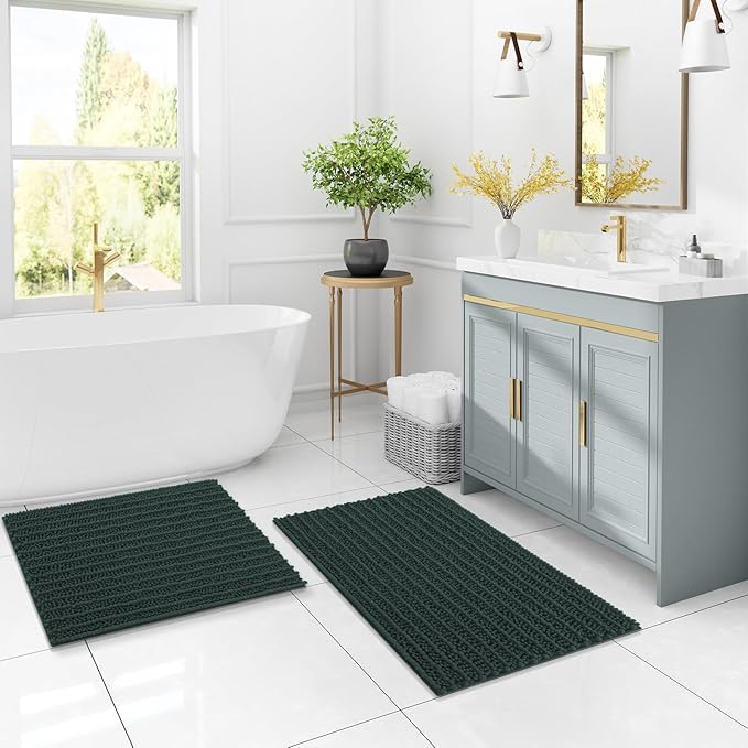 Arotive Luxury Chenille Bathroom Rug Mat, Extra Soft Thick Absorbent Shaggy Bath Rugs, Non-Slip Machine Wash Dry, Plush Bath Mats for Bathroom, Shower and Tub, 36x24, Dark Green