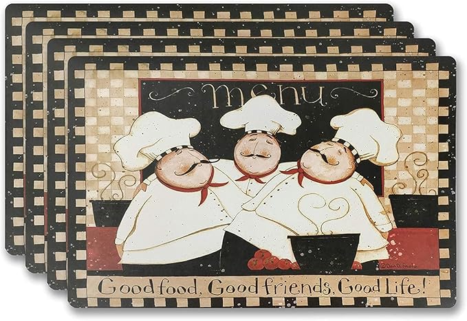 Vinyl Rectangular Placemats Set of 4 - Non Slip Place Mats Ideal for Indoor and Outdoor Dining Table - Washable and Heat Resistant Table Mat for Kitchen Tables (Good Food Good Friend)