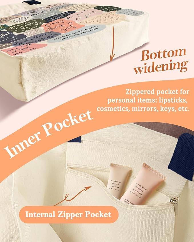 Aesthetic Heavy Canvas Tote Bag with Pocket for Women, Cloth Gusseted Totes Bag with Pattern for Shopping