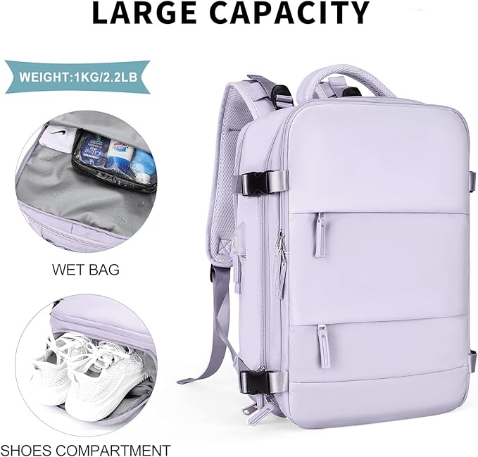 coowoz Large Travel Backpack For Women Men,Carry On Backpack,Hiking Backpack Waterproof Outdoor Sports Rucksack Casual Daypack Travel Essentials(Purple)