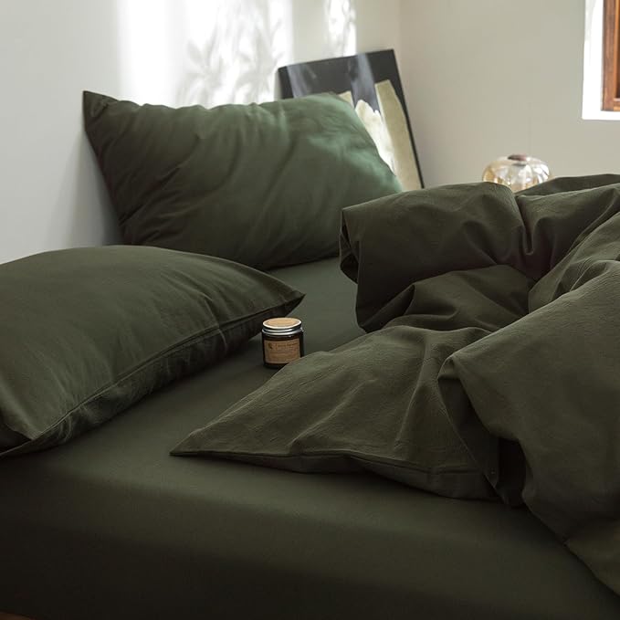 FOSSA Duvet Cover Set 100% Washed Cotton Linen Feel Super Soft Breathable Cozy 3 Pieces Bedding Sets Solid Olive Green Super King