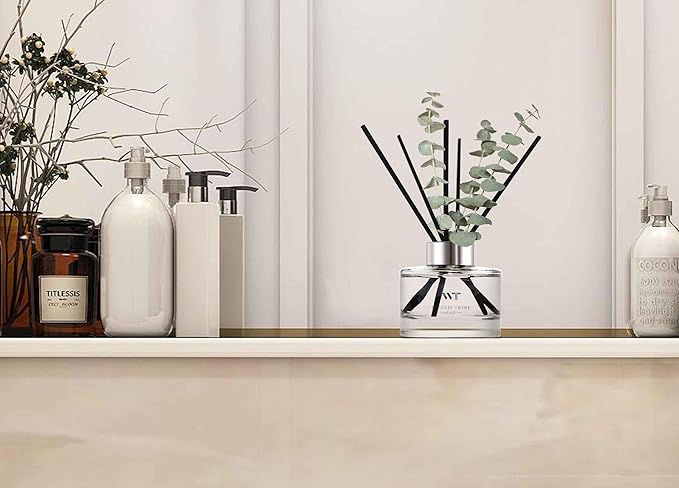 Flower Reed Diffuser Set Wild Eucalyptus Mint Scent for Bathroom Accessories Shelf Decor & Air Fresheners, Sticks Defusers with 5.1 fl oz Essential Oils & Leaves, House Bedroom Office Decor & Gifts