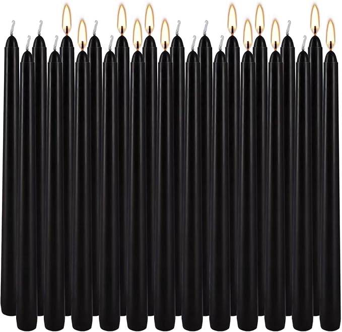 24 Pack Black Taper Candles, 7-8 Hours Burn Time, Unscented, Smokeless and Dripless, 0.75 x 10 Inch Dinner Candle Set for Household, Wedding, Party and Home Décor Candlesticks