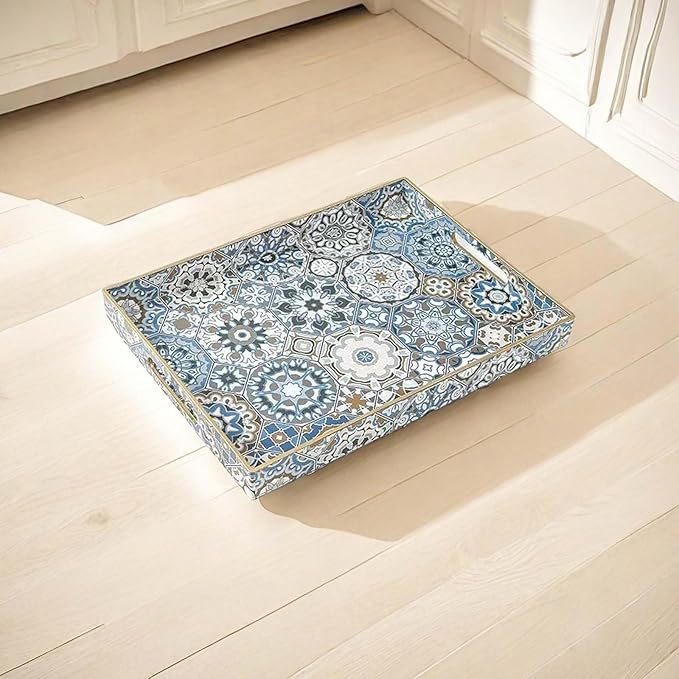 Large Serving Tray with Handles,Rectangle Plastic Serving Tray,Bohemian Blue Ottoman Trays Coffee Table Trays for Living Room,Decorative Tray for Coffee Table 16" x 12"