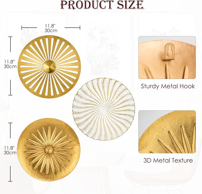 Briful 12" Wall Décor Pack of 3 Metal Gold & White Washed Starbursts Radial Plate Wall Art Modern Accent Hanging Wall Decorations For Home Office Bedroom Or Living Room Wall Sculptures