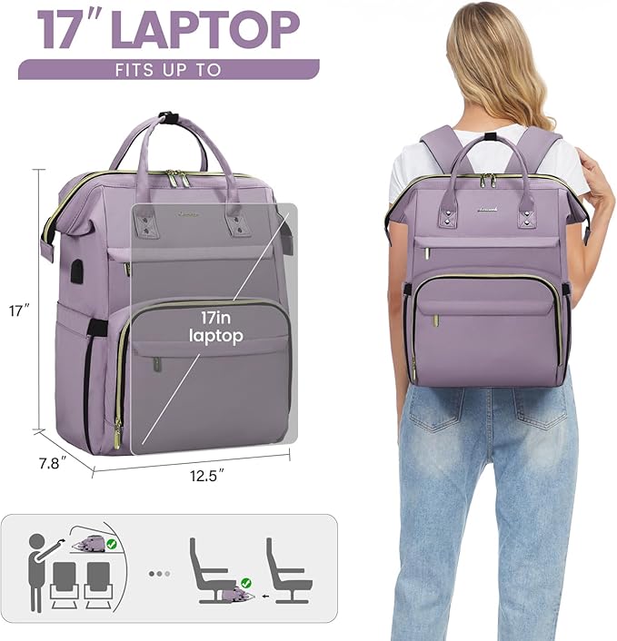 LOVEVOOK Laptop Backpack for Women,17 Inch Professional Womens Travel Backpack Purse Computer Laptop Bag Nurse Teacher Backpack,Waterproof Work Bags Carry on Back Pack with USB Port,Light Purple