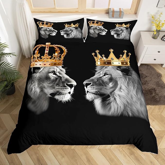 Wild Lion Couple Full Size Duvet Cover Set,Gold King and Queen Crown Comforter Cover with 2 Pillowcases,Tropical African Animal Polyester Bed Spread for Boys Teens Bedroom Decor (No Comforter)