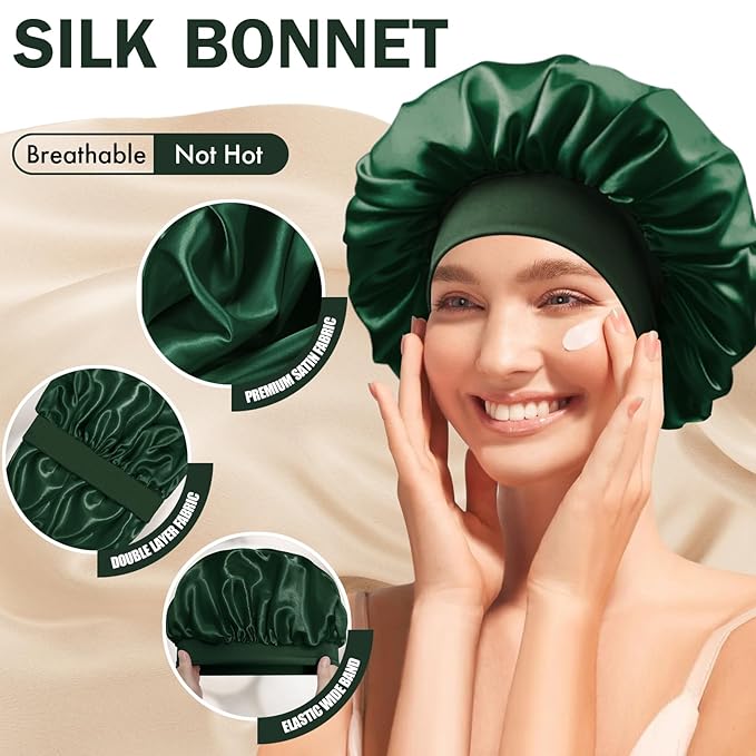 Satin Silk Bonnet for Sleeping, Double Layer Silk Sleep Cap for Men & Women, Soft Satin Lined Bonnet for Natural & Curly Hair(Dark Green)
