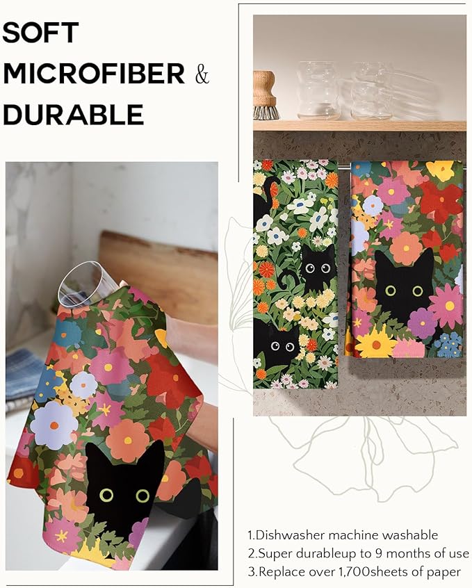 Microfiber Kitchen Towels - Set of 2 Dish Towels for Kitchen 18 x 26 Inch Home Decoration Cat Flower Cute Spring Hand Towels Soft & Absorbent Aesthetic Design