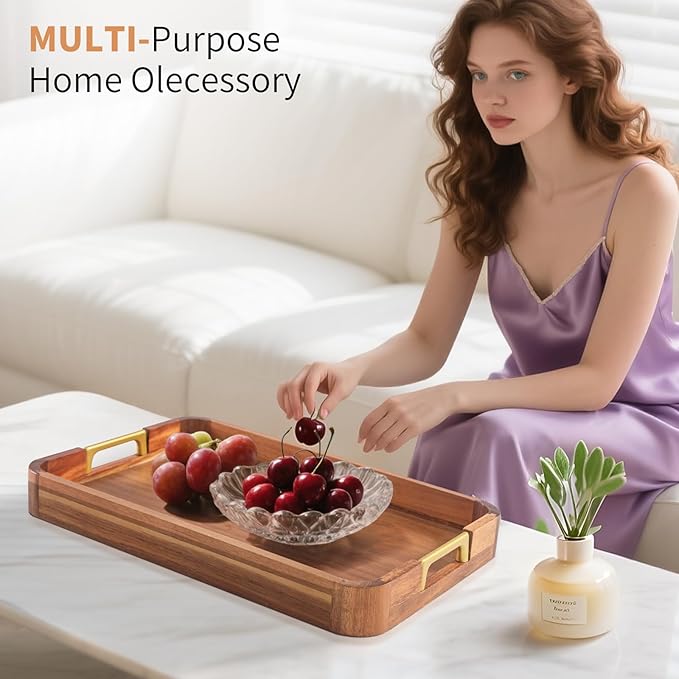 Acacia Wood Serving Tray with Metal Handles, 17x12in Food Drinks Tray for Coffee Table, Breakfast, Dinner & Bar, Rustic Decorative Storage Tray for Ottoman, Kitchen, Parties