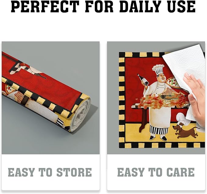 Giwawa Fat Chef Placemats Italian Pizza Bistro Anti-Fatigue Red Wine Linen Table Mat Set of 4 Cooking Food Heat Stain Resistant Place Mats for Dining Kitchen Party Holiday Decoration