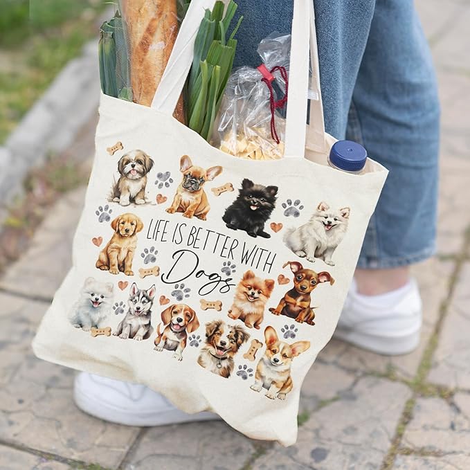 Dog Mom Canvas Tote Bags - Reusable Grocery Bags for Shopping, Funny Dog Lover Gifts for Women