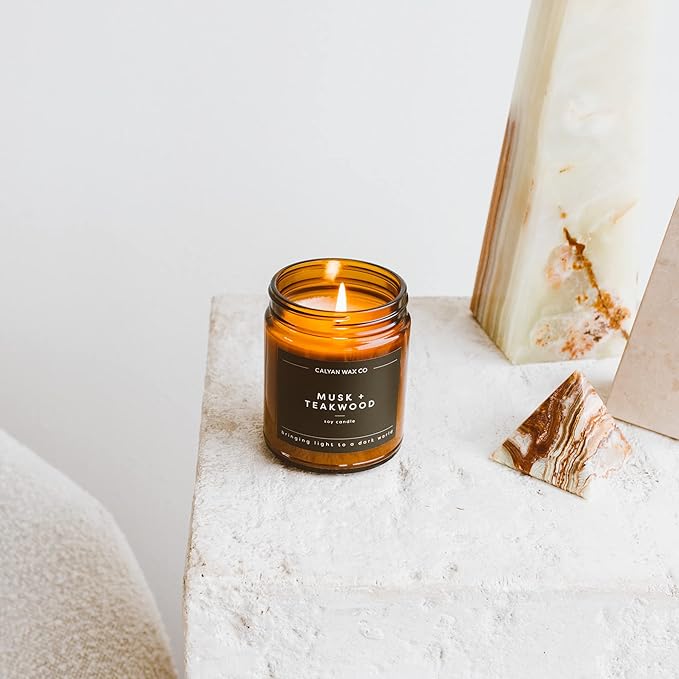 Calyan Wax Soy Wax Candle, Musk & Teakwood Scented Candle for The Home | Premium Candle with Essential Oils | 7.2 oz 57 Burn | Soy Candle in Amber Glass Jar | Aromatherapy Gift