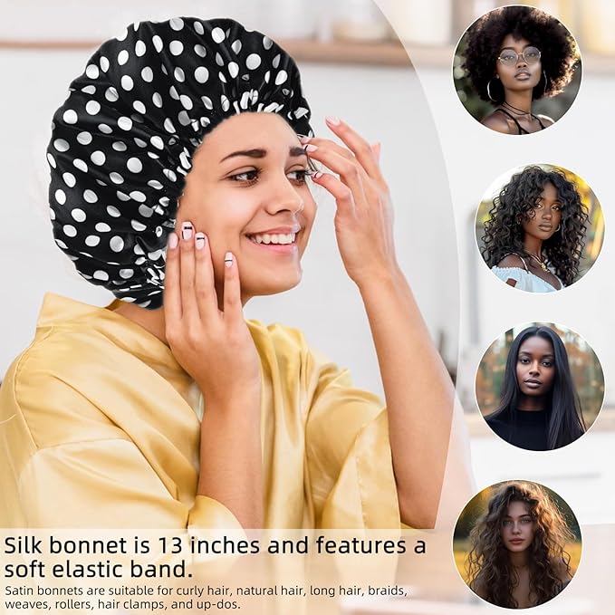Satin Bonnet Silk Bonnet Hair Bonnet for Sleeping-Slouchy Beanie Hat Satin Sleep Cap for Women's Natural & Curly Hair(Dots)
