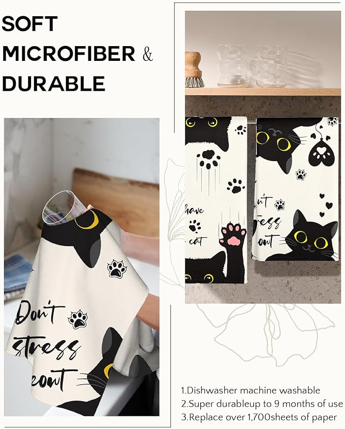 Microfiber Kitchen Towels - Set of 2 Dish Towels for Kitchen 18 x 26 Inch Home Decoration Black Cat Cute Spring Hand Towels Soft & Absorbent Aesthetic Design
