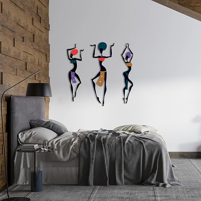African Wall Decor Art, 3 Pieces Metal Wall Aesthetic Hallway Decor accessories, Maximalist Hanging Wall Decor, Ethnic Dance Style Drawing Wall Decorations, For Home Living Room Bedroom and Bathroom