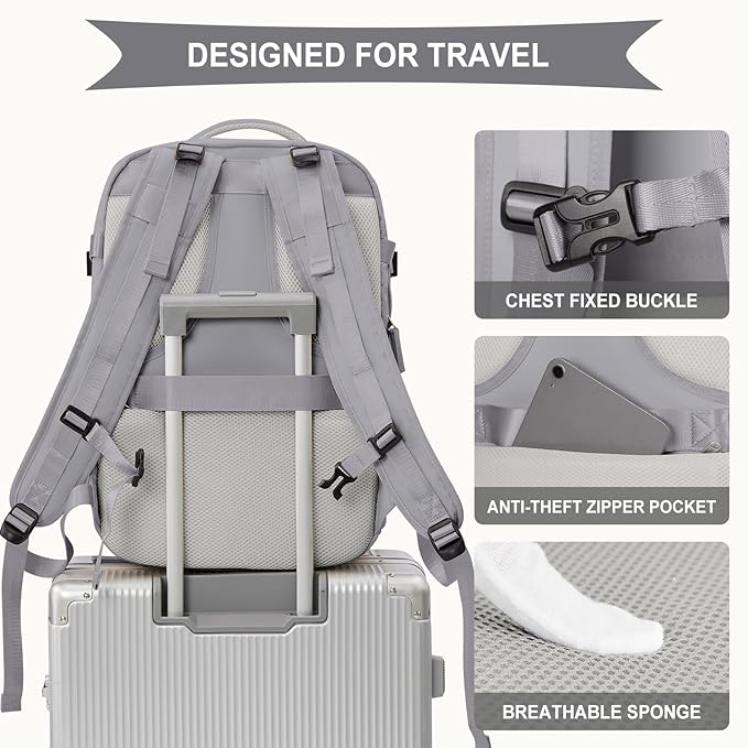 coowoz Large Travel Backpack For Women Men, Carry On Backpack,Hiking Backpack Waterproof Outdoor Sports Rucksack Casual Daypack Expandable Heavy Duty Extra large Backpack Grey Expansion