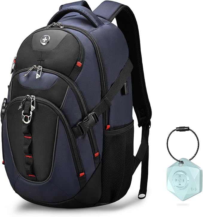 Swissdigital Design Travel Backpack for Men with Apple Find My, Laptop Backpack with USB Charging Port, RFID Protection, Add-A-Bag System - Travel Backpack for Men-Finder Color Random