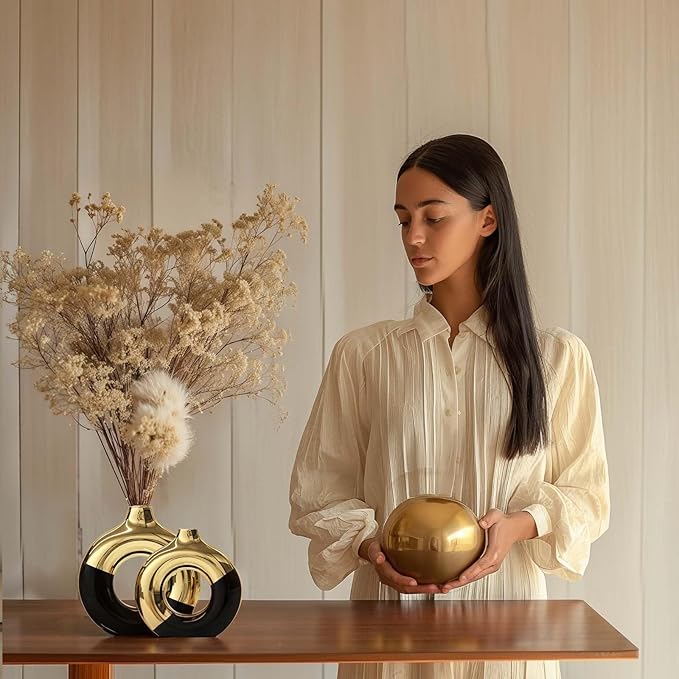 Black and Gold Ceramic Vase Set of 2,Round Donut Hollow Flower Vases for Home Decor Accents,Modern Minimalist Centerpiece Table Decorations,Wedding,Living Room,Bookshelf,Office,Entryway