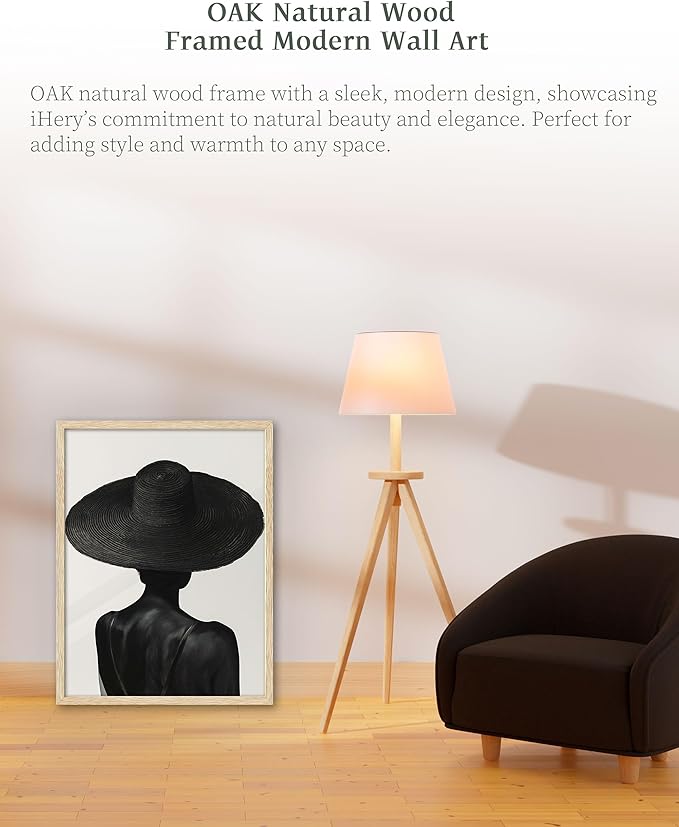 iHery Natural OAK Wood Black Girl Framed Wall Art, 12x16 in Black and White Modern Canvas Wall Art, Trendy African American Black Bedroom Decor, Set of 1 For Bathroom Living Room