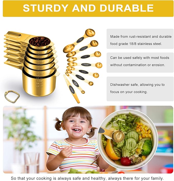 Gold Measuring Cups and Spoons Set of 15, 18/8 Stainless Steel, Includes 7 Nesting Metal Measuring Cups,8 Magnetic Measuring Spoons set - Ideal Kitchen Gadgets for Cooking and Baking Needs