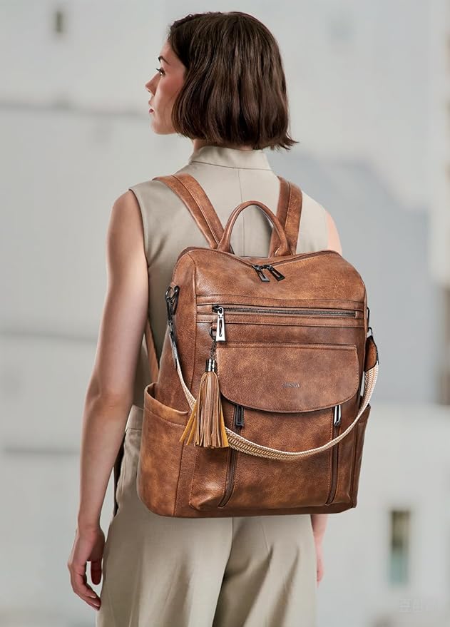 Shrrie Laptop Backpack for Women 15.6 inch,Travel Leather Backpack Purse Nurse Teacher Carry on Backpack Computer Bag,Professional Water-Resistant College Business Work Casual Daypack,Two-toned Brown