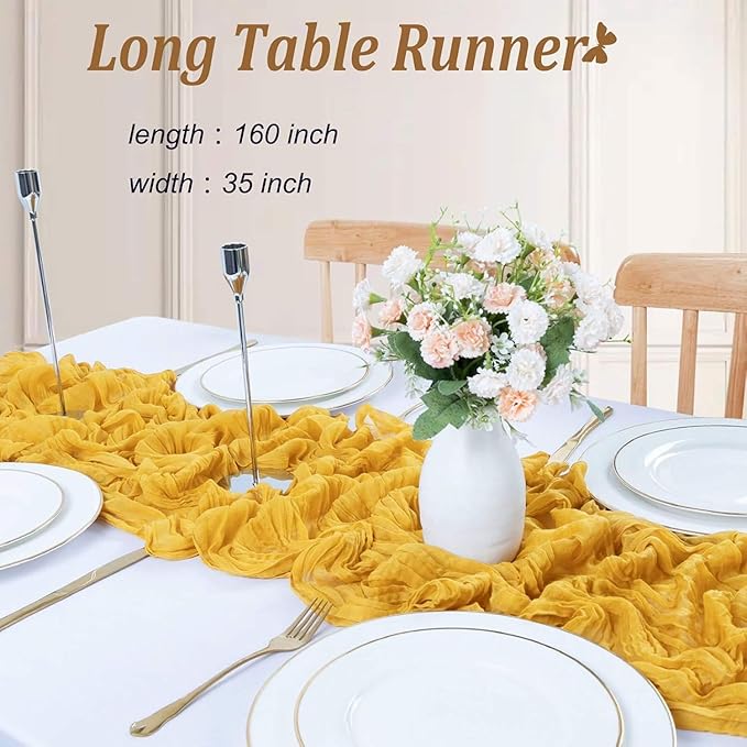 Cheesecloth Table Runner 13.3FT Long Yellow Boho Table Runner Wrinkle Rustic Gauze Wedding Dining Table Decorations for Birthday Party Baby Shower Event Easter Table Decoration