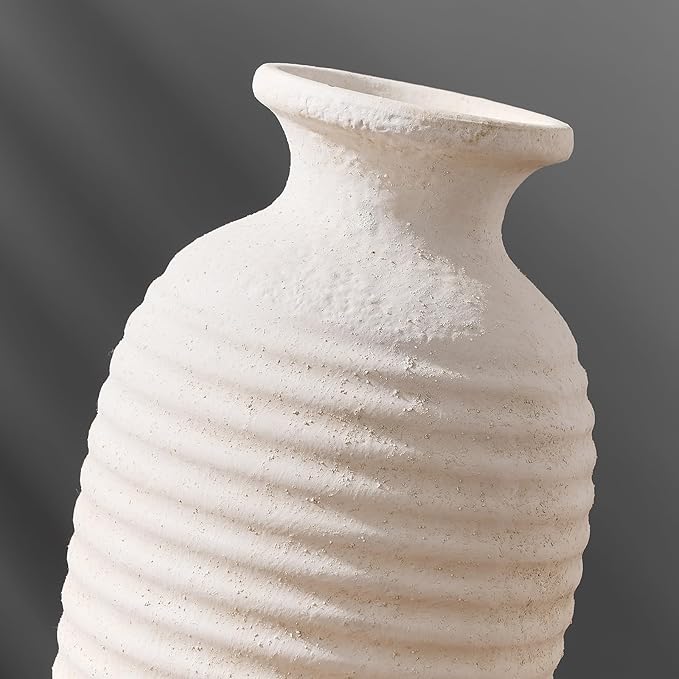 Ceramic Natural Rustic Vase, 14.4 Inch Large Vintage Flower Threaded Decorative Farmhouse Tall Vase for Home Decor, Living Room, Shelf Decor, Wedding, Housewarming Gift, Off-White