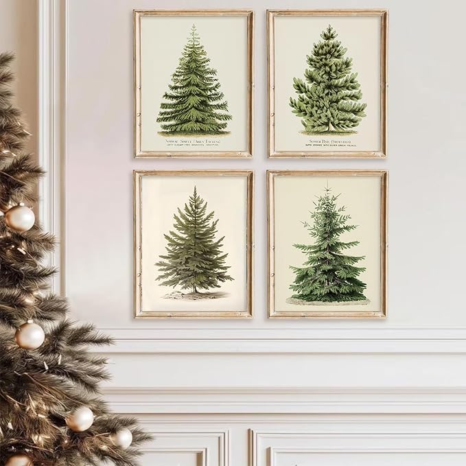 Vintage Christmas Tree Wall Art – Set of 4 Rustic Pine Tree Prints, Cozy Botanical Winter Holiday Decor, Unframed Christmas Wall Artwork for Festive Home Styling (8x10 Inch)